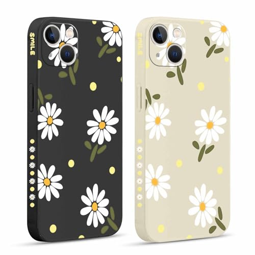 Pnakqil 2 Pièces Coque pour iPhone 13 Mini 5,4, Etui avec Fleur Amusante Daisy Latéral Mignon Chrysanthème Aesthetic Dessin Case Souple Silicone Housse Téléphone en Souple Fille Beau Cover