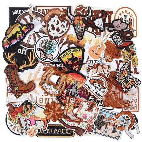Western Embroidered Iron On Patches for Hats: Meneng 45Pcs Cowboy Sew On Applique Patches for Jackets Backpacks Clothing - Vintage Embroidery Patch for DIY Accessories