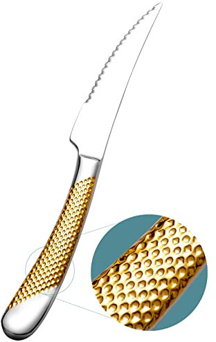 Xideman® Innovative ultrascharf 2-in-1 geschmiedete Messer für dinner und Steak. 6 Stück Hohem Kohlenstoffgehalt Edelstahl Steakmesser, 23cm gehämmert Solider Griff gezahntes Tafelmesser (Silber Gold)