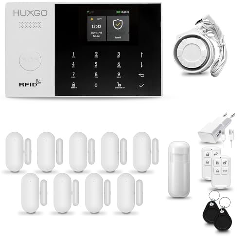 HUXGO® HXA005 Funk Alarmanlage Set WiFi + GSM mit Sirene | Alarm System mit Bewegungsmelder, 9X Tür- Fenstersensor, Fernbedienung | Wohnmobil Alarmanlage | Smart Home Security