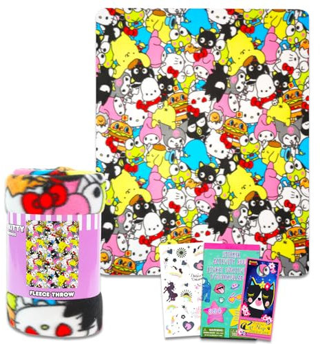 Hello Kitty and Friends - Set di coperte in pile per bambini - Bundle con coperta Hello Kitty 45 x 60 cm, tatuaggi, libro di adesivi, altro | Coperta Hello Kitty per ragazzi, ragazze (set regalo Hello