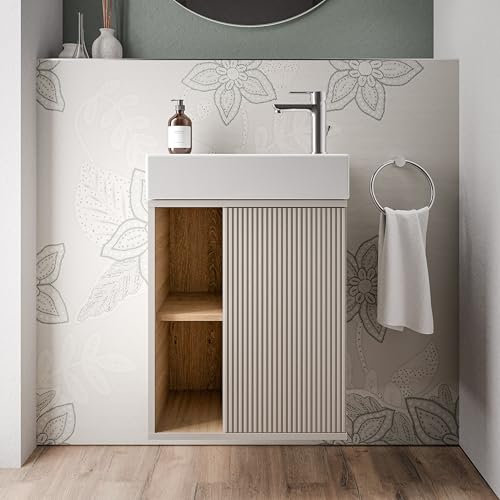 BERNSTEIN - Petit meuble vasque de salle de bain MDF avec lavabo céramique, charnière à droite - Garantie 5 ans - 48,7x24,3x58,5cm - Gris soie mat - BELDIVO