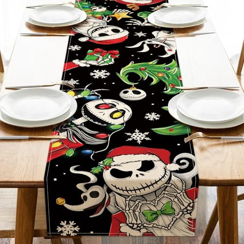 Croar Camino de mesa de Navidad Jack Skellington, árbol de Navidad, decoración de mesa de comedor, decoración divertida de arpillera para interiores y exteriores, suministros de fiesta, 33 x 122 cm