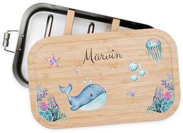 Bärenfreunde® - Personalisierte Brotdose für Kinder mit Spezial-Druck - Robuste Edelstahl Brotdose - Personalisierte Geschenke für Kinder & Erwachsene (Unterwasserwelt,klein Weißblech)