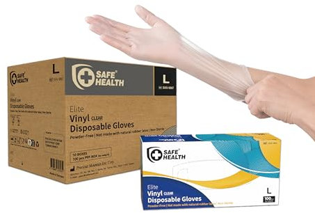 Safe Health Disposable Vinyl Gloves Multi-Purpose Plastic Gloves Food Safe, Latex Free Powder Free Non-Sterile 3 mil for Cleaning, Washing up, Salon, Service, Household, Daily, Large (Case of 1000)