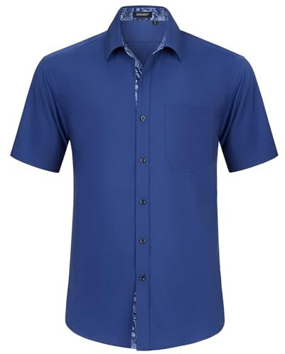 HISDERN Mens Short Sleeve Royal Blue Shirt Casual Shirts Business Regular Fit Dress Shirts for Men Non-Iron Stretch Shirt with Pocket,3XL