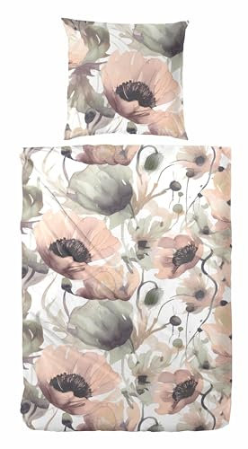 Primera Edelflanell Bettwäsche 155x220 Blumen Klatschmohn grün Puder 174148-87