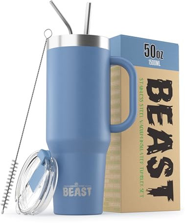 Beast Tumbler - 1500 ml (50 oz), Stormy Sky | Reusable Stainless Steel, Vacuum Insulated Cup | with + 2 Straws & Cleaning Brush | Double Wall Travel Flask Perfect for Hot or Iced Coffee | BPA Free