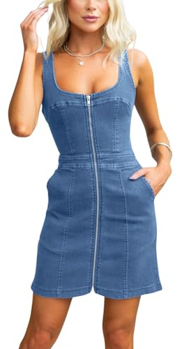 Damen Sommerkleid, lässig, Tank-Denim-Kleid, ärmellos, Reißverschluss vorne, Mini-Jeanskleider mit Taschen