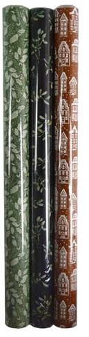 Set of 3 Christmas Wrapping Paper Rolls Green Holly Black Mistletoe Gingerbread 20m x 70cm