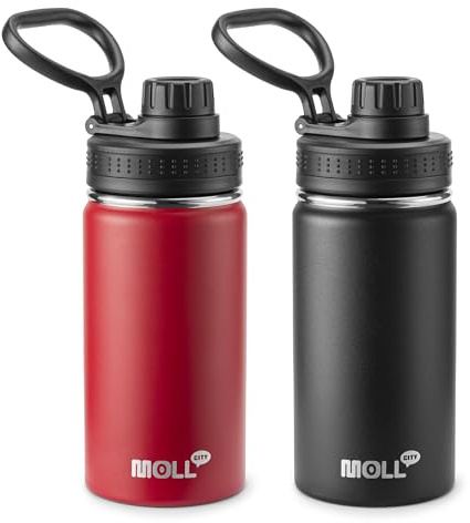 Mollcity Water Bottle 2 Pack 12 oz Stainless Steel Vacuum Insulated Water Bottle Wide Mouth Sports Flask with Leakproof Spout Lid (Canyon Red-Black)