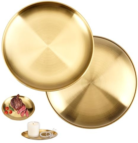 Bandeja de Mesa Redonda Dorada, 2 Piezas Bandeja Redonda Dorada, Bandeja Redonda Bañada en Oro, Bandeja Redonda de Acero Inoxidable, Bandeja Dorada para Cocina, Comedor, Camping, Fiesta, 20 cm, Oro