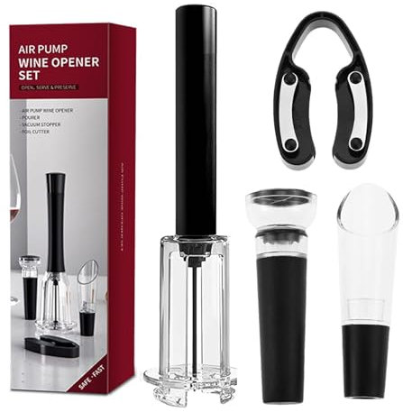 Mgoodoo Wino on The Go Wine Opening Set, 4PCS Air Pressure Pump Wine Bottle Opener Set, Black Easy Cork Remover Corkscrew with Vacuum Stopper Wine Pourer,Wine Opener Set Gift for Kitchen Restaurant