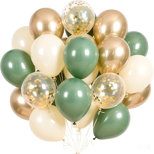 Luftballons Grün Gold,60 Stück Luftballons Salbeigrün Weiß, Luftballons Eukalyptus Grün, Luftballons Geburtstag Grün Weiß Gold Konfetti Latex Ballons für Geburtstag, Hochzeit Dekoration
