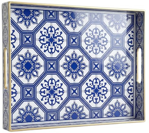 Simmer Stone Rechteckiges dekoratives Serviertablett aus Kunststoff mit Griffen, modernes Vanity-Tablett für Ottomane, Beistelltisch, Küche und Badezimmer, 40 x 30 cm (blau-weißes Porzellan)