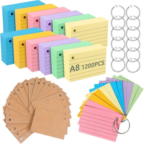 Flash Cards 1200 Pièces A8 Lignées Multicolores avec 14 Anneaux de Reliure, Fiches Bristol Perforées, Cartes de Révision et Index pour École, Bureau et Étude du Vocabulaire