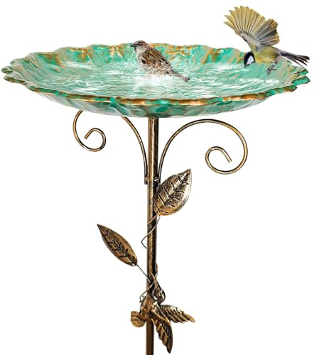 Skeadex Vogeltränke Stehend,Metall Vogelbad Garten Stehend,Vogeltränke Winterfest mit Erdspieß,Rostfrei Robust Langlebig Wassertränke für Vögel,Vintage Vogelfutterspender für Außen (77 * 25.5CM)