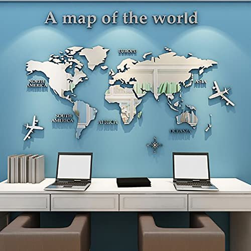 3D World Map Spiegelaufkleber Acryl -Wandaufkleber Schälen und Kleben Sie für Wohnzimmer Schlafzimmer 47,2 X 23,6in