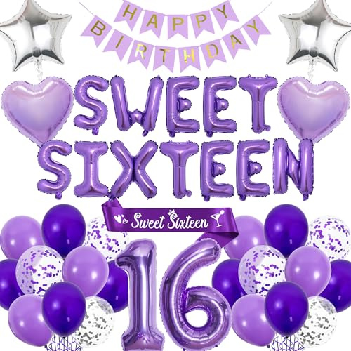 16th Birthday Decorations Sweet Sixteen - Purple Happy Birthday Banner Number Letter Foil Balloons, Sash for 16 Years Old Girls Party Decoration Supplies