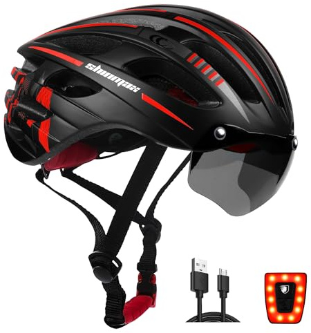 Shinmax Fahrradhelm Herren Damen mit LED Licht, Magnetischer Schutzbrille | 9 Modi USB-Aufladung Licht,PC-Schale und EPS-Schaum , 27 Belüftungsöffnungen, Größenverstellung und herausnehmbares Futter