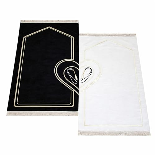 Teppich-Traum Gebetsteppich 2er Set Herzmotiv Schwarz Weiß 70x115 cm | Weich, faltbar und transportierbar, 2er Set für Paare, gemeinsame oder einzelne Gebete, Hochzeit, Ramadan & Reisen