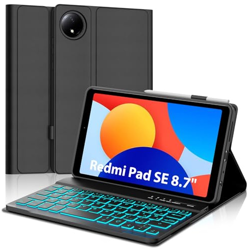 IVEOPPE Coque Clavier pour Xiaomi Redmi Pad se 8.7, Étui Keyboard 7 Couleurs Rétroéclairées, AZERTY Layout pour Xiaomi Redmi Pad se 8.7 Pouces, Noir