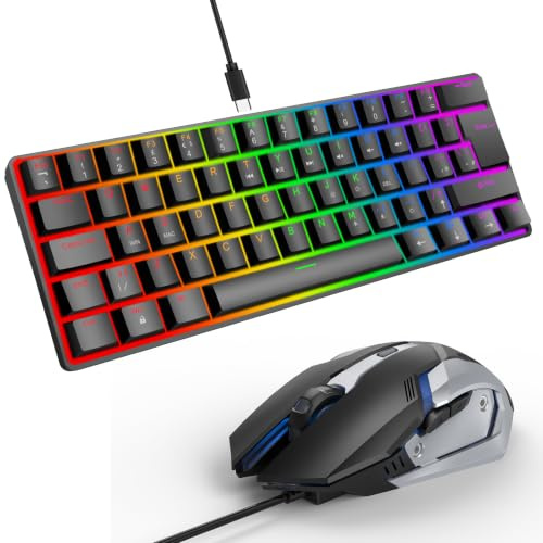 Nsyee 60% Wired Mechanical Gaming Keyboard & Mouse Combo, 61-Key Backlit | UK Layout, USB-C Plug & Play, Compact RGB Backlit Keyboard & Mouse with 7 Spare Blue Keycaps, Wide Compatibility