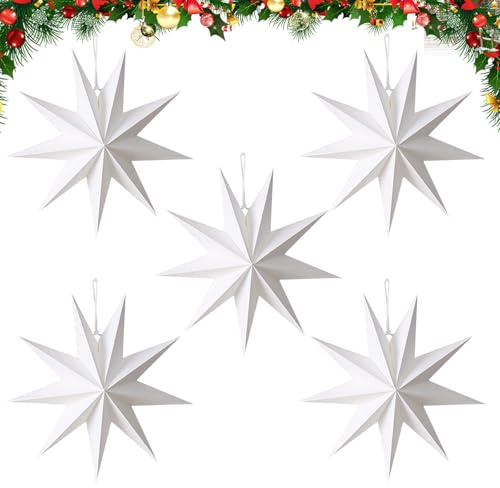 Sikweny 5 Pezzi Stelle di Carta da Appendere Stella di Carta Natalizia Decorazione Natale Pieghevole Natale per Decorazione 3D 9 Punte Natale Appendere per Decorazione Finestra Avvento Festa(Bianco)