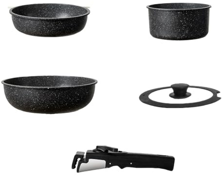 Koolenry Ensemble de Casseroles et Poêles avec Poignée Amovible, Batterie de Cuisine Antiadhésive 5 Pièces, Ensemble de Casseroles et Poêles Empilables avec Poignée Amovible