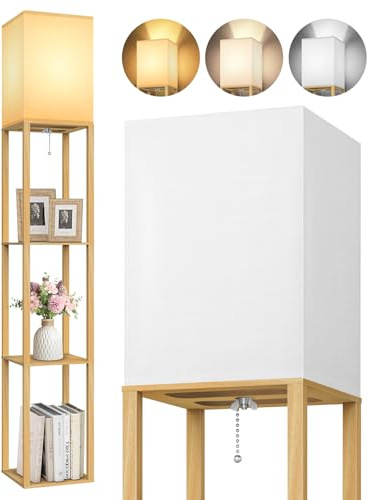 OUTON Stehlampe Holz mit Regal, 158 cm Stehleuchte, 3 Ablagen | 3 Farbtemperaturen, 9W E27 LED-Leuchtmittel, Stoffschirm für Wohnzimmer, Schlafzimmer, Büro, Flur, Gästezimmer