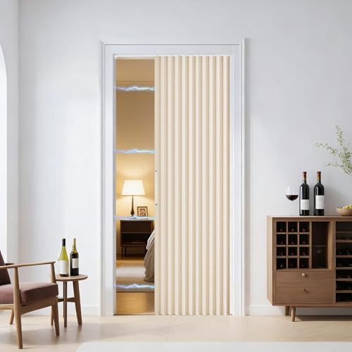Magnetischer Türvorhang, 120x200cm Faltbarer Raumteiler Vorhang, Verdunkelung Falttüren Innentüren, Falttür Ohne Bohren mit Klebeschiene, Haken, für Schränke/Bad/Schlafzimmer/Wohnzimmer (Beige)