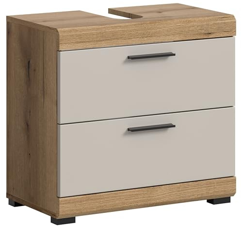 furnling Waschbeckenunterschrank Scott, Matte Kaschmir Front, 2 Schubladen, Unterschrank mit Siphon-Ausschnitt, Front mit Rillenfräsung, Breite 60 cm, Korpus Evoak Oak