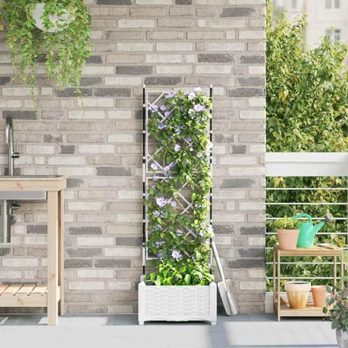 Runheo Cache-Pot de Jardin Blanc Plastique 40 x 40 x 125,5 cm avec Treillis pour terrasse et Jardin, Pot de Fleurs extérieur Durable et Design Moderne