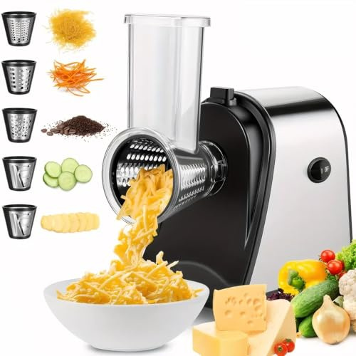Nictemaw Râpe Électrique 5-en-1 250W - Acier Inox, Sans BPA | Coupe-légumes pro avec 5 cônes. Idéal pour fromage, légumes, fruits et noix. Lavable en machine