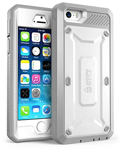 SUPCASE Unicorn Beetle Pro Heavy Duty Full-body Rugged Hybrid Protective Cover with Belt Clip Holster for Apple iPhone 5S, White/Gray