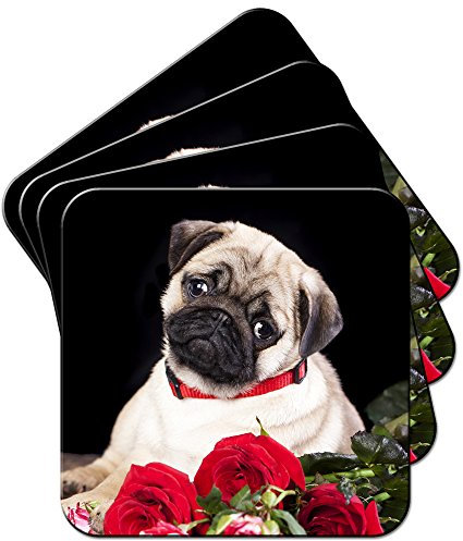 Pug with Red Rose Bouquet Coaster/Pack of Coasters