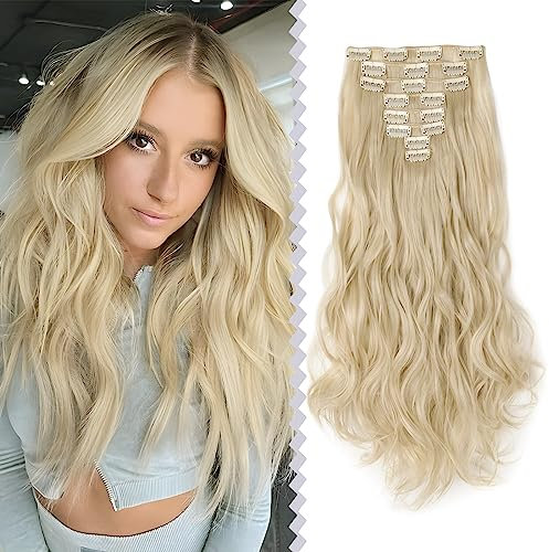 Elailite Clip In Extensions, 140g Haarverlängerung Haarteil Gewellt 8 Tressen mit 18 Clips, 24(61cm) für komplette Haarverlängerung Bleach Blonde