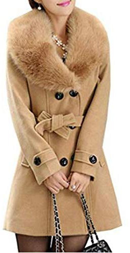 Damen Wintermantel Wollmantel Mit Faux Pelz Kragen Parka Herbstjacke Elegant Zweireihiger Trenchcoat Lang Mantel Übergangsjacke Dufflecoat Outwear Mit Gürtel