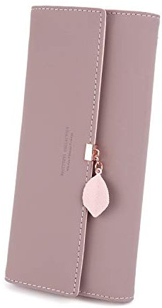 RRANCharltu Portefeuille Femme Longue Porte-Cartes Porte-Monnaie à glissière avec Feuille Pendentif en PU Cuir, 10 Emplacements Cartes pour Cadeau de Noël Saint-Valentin (Mauve Pâle)