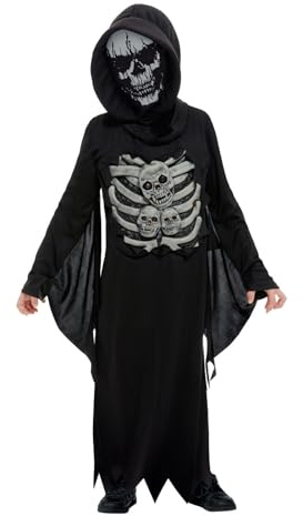 Smiffys Skeleton Reaper Costume, Black with Robe & Hooded Mask, Halloween Child Fancy Dress, Skeleton Dress Up Costumes