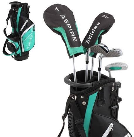 Aspire Junior Plus Kids Golf Clubs – Boys’ & Girls’ Right-Handed Golf Set with Lightweight Stand Bag, Graphite Shafts & Aircraft-Grade Aluminum Clubs - Green Ages 7-8