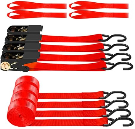 AWELCRAFT 4 Stück Ratsche Spanngurte – 680 kg Bruchfestigkeit, 4,5 m Länge, Rot mit S-Haken & weichen Schlaufen – Ideal für Motorrad, ATV, Boot, Möbel, Umzug – Inklusive Tragetasche