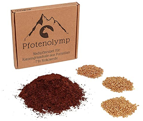 Pfotenolymp® Katzengras Nachpflanzset - Weizengras Samen und Erde - passend für Katzengrasschalen/Porzellanschalen - cat Gras/Topf Set - DIY
