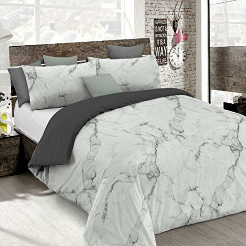 Set Copripiumino Microfibra Fashion, Lavorato in Italia - Parure Copri Piumino - Sacco Piumone 200x200 cm con Patella e federa Cuscino, Piazza e Mezza, Marble