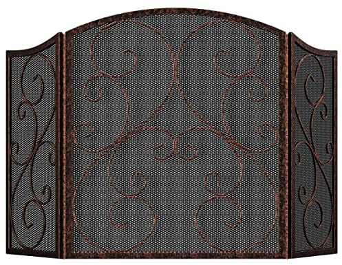 Fire Beauty Fireplace Screen 3 Panel Wrought Iron Metal 48(L) x30(H) Spark Guard Cover(Brushed Copper)
