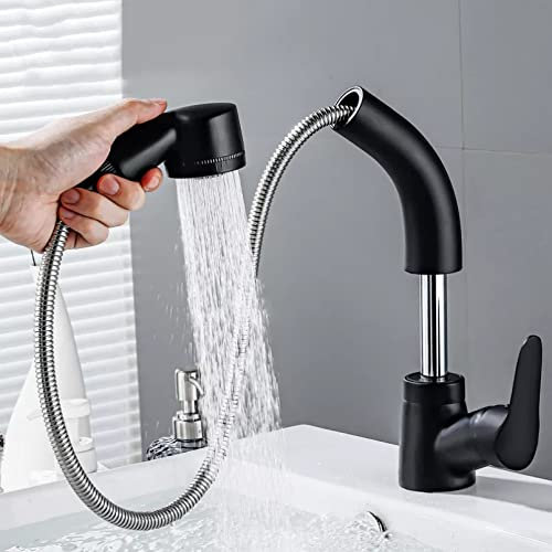 YHSGY Mattschwarzer Bad-Waschtisch-Wasserhahn Ausziehbarer Auslauf Drehbarer Anhebbarer Körper Deck Montiert Heiß- Und Kaltwasser-Mischbatterie