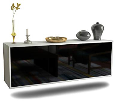 Lowboard Seattle hängend (136x47x35cm) Korpus weiß matt/Front Hochglanz Schwarz/Push-to-Open