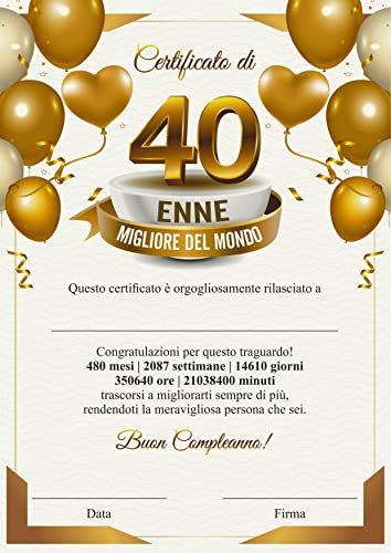 GHIBLI Certificato miglior 40 ENNE del mondo - Attestato Diploma idea regalo originale 40 anni di compleanno - Biglietto auguri compleanno 40 anni uomo donna