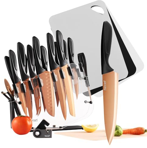 hecef Knife Block, 25 Pieces Rose Gold Knife Set with Block and Sharpener, Professional Kitchen Knife Set with Chopping Board, Knife Sharpener, Steak Knives, Scissors, Peeler
