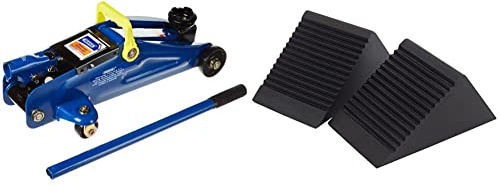 Draper 27634 2 Tonne Light Duty Trolley Jack, 440mm x 200mm x 140mm & 54500 Rubber Wheel Chock, Pack of 2